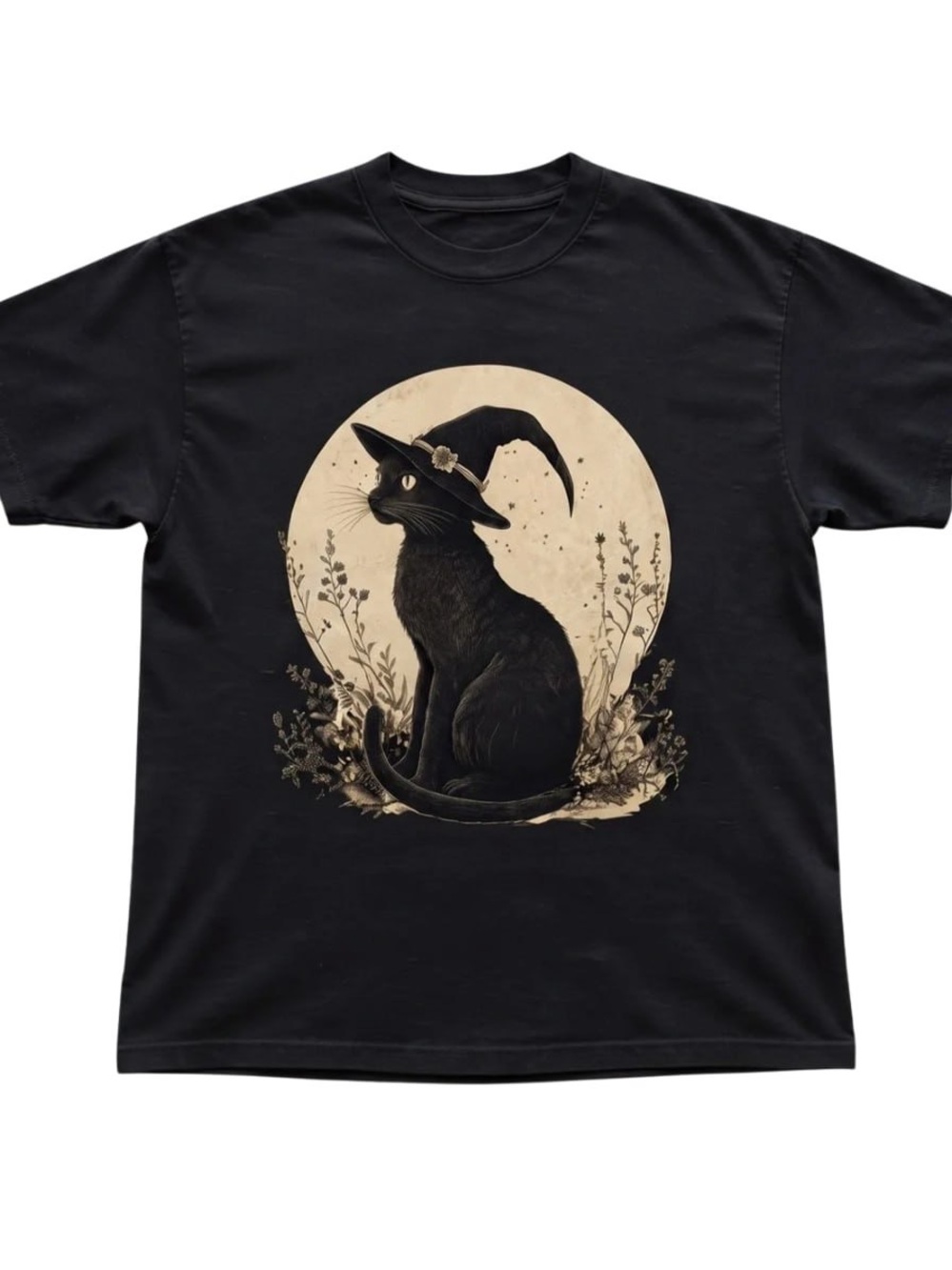 Black Tee with Witch Hat Black Cat Graphic